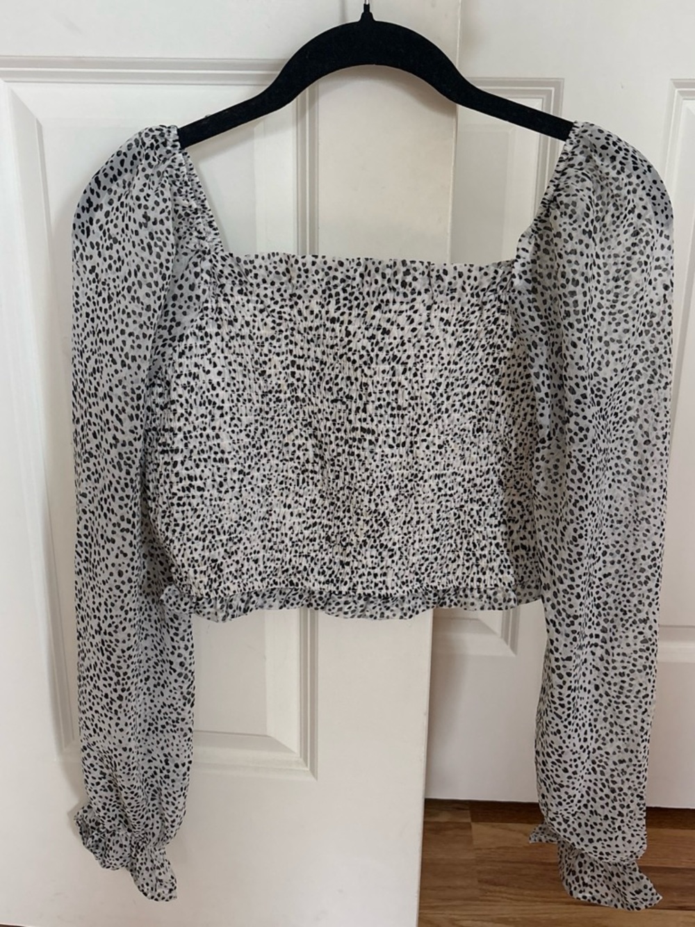 Japna White and Black Dot Smocked Square-Neck Crop Top
